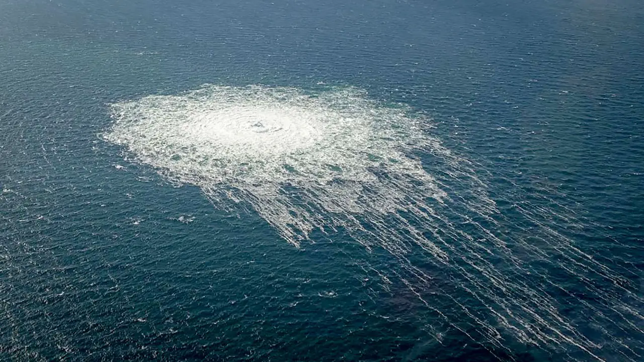 This handout picture released on September 27, 2022 by the Danish Defence Command shows the gas leak at the Nord Stream 2 gas pipeline off the Danish Baltic island of Bornholm