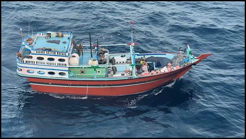 An image released by the US military shows what it says is a vessel carrying Iranian-made weapons bound for Yemen's Houthi rebels