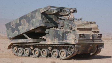 A Launcher equiped with the new GMLRS prepares to fire near the Sinjar Mountains.