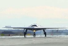 Photo of Russia's Okhotnik heavy attack drone.