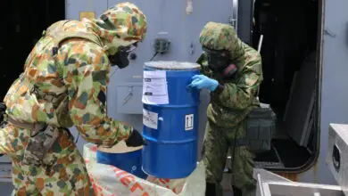 Australian and Singaporean defence personnel conduct CBRN training on board HMAS Brisbane whilst alongside in Sembawang *** Local Caption *** Australian Army special operations force soldiers from the Special Operations Engineer Regiment (SOER) joined 36th and 39th Battalion, Singapore Combat Engineers, specialists for counter-CBRNE (chemical, biological, radiological, nuclear and high-yield explosives) training in Singapore as part of Indo-Pacific Endeavour 2023. The Australian Army and Singapore Army combat engineers conducted training together in Singapore and on the Royal Australian Navy destroyer HMAS Brisbane to share skills and further enhance interoperability. SOER counter-CBRNE specialist soldiers are highly trained and responsible for developing Australian Defence Force doctrine and ensuring the ADF is equipped to meet current and future needs. SOER is an Australian Army special operations force unit within Special Forces Group providing the Australian Government with unique technical capabilities in support of the national interest.