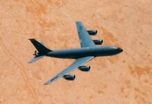 A US Air Force KC-135 Stratotanker, assigned to the 350th Expeditionary Aircraft Refueling Squadron, flies over Qatar, Feb. 13, 2021