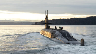 The Ohio-class ballistic missile submarine USS Louisiana (SSBN 743) transits Puget Sound following a 41-month engineered refueling overhaul at Puget Sound Naval Shipyard and Intermediate Maintenance Facility, Feb. 9, 2023. Louisiana is one of eight ballistic-missile submarines stationed at Naval Base Kitsap-Bangor, providing the most survivable leg of the strategic deterrence triad for the United States. (U.S. Navy photo by Mass Communication Specialist 1st Class Brian G. Reynolds)