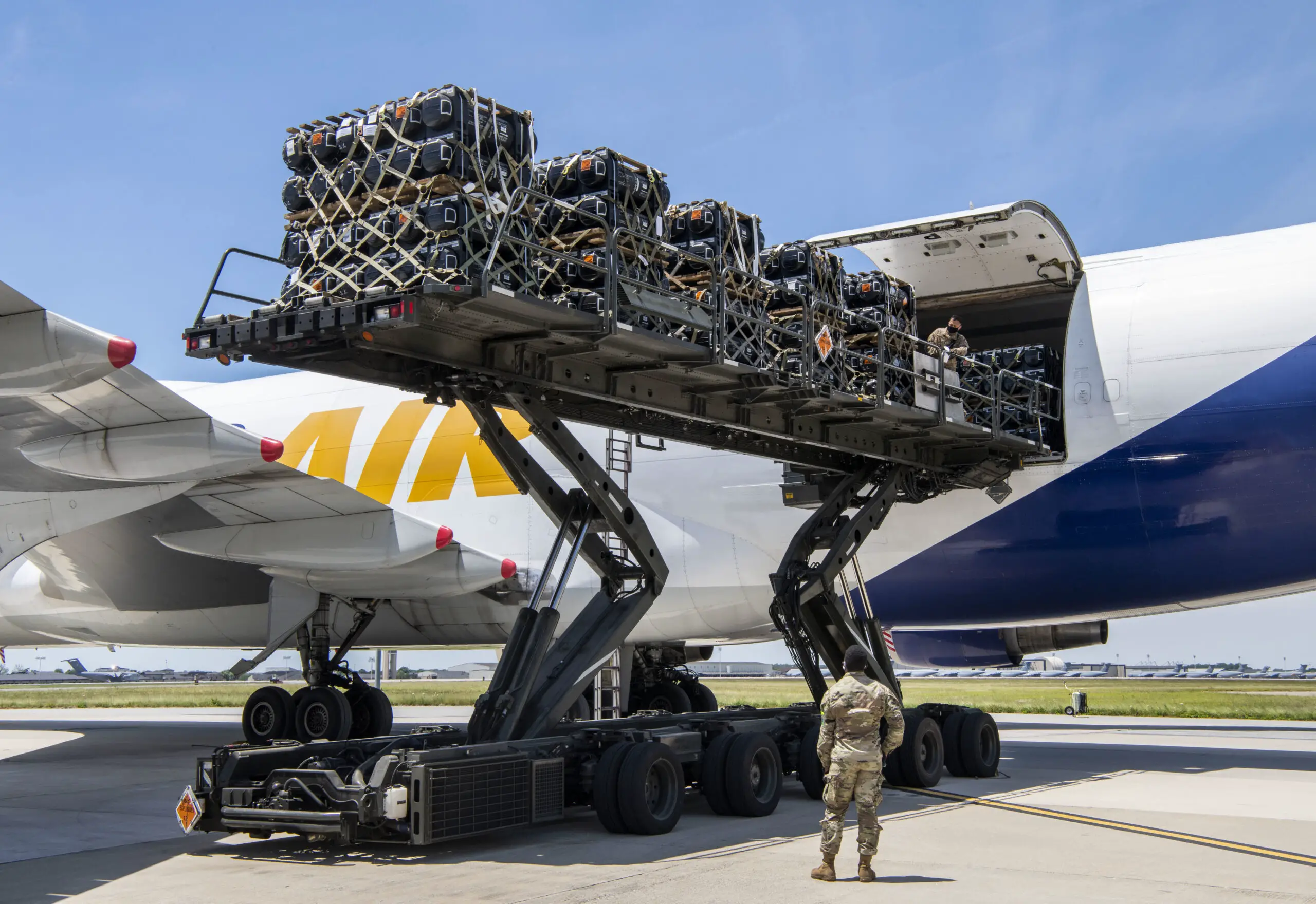 436th Aerial Port Squadron Airmen load cargo being delivered to Ukraine onto a contracted aircraft at Dover Air Force Base, Delaware, June 16, 2020. Contracted aircraft stopped at Dover AFB to pick up cargo as part of a foreign military sales project. The U.S. is committed to the sovereignty and territorial integrity of Ukraine. The two countries continue to strengthen their partnership first initiated in 1993. (U.S. Air Force photo by Senior Airman Christopher Quail)