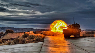 U.S. Army Stryker M1128 Mobile Gun System assigned to 8th Squadron, 1st Cavalry Regiment fires a canister round at Yakima Training Center as part of Table VI gunnery qualification. Table VI is key to sustaining a qualified and ready crew. (U.S. Army photo by 1st Lt. Alex Windmiller)