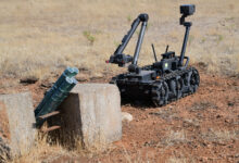 A Man Transportable Robotics system is used to assess an improvised rocket during Exercise GOLDEN CRAB on Beale Air Force Base, California, Sept. 20, 2023. An explosive ordnance disposal team was sent out to respond to a long range threat and used the robotics system to assess the situation from a safe distance. (U.S. Air Force photo by Senior Airman Alexis Pentzer)