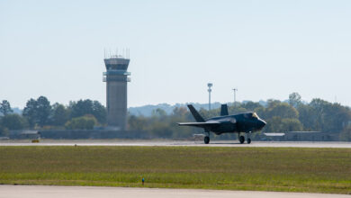 An F-35A Lightning II lands at Ebbing Air National Guard Base as part of a two-ship training event between Ebbing and Eglin Air Force Base on October 17, 2023. The pilots, Col. Charles Schuck, 33rd Operations Group Commander, and Lt. Col. Alex “Tuna” Turner, 33rd Fighter Wing Ebbing Project Officer, flew from Eglin to Ebbing Air National Guard Base to hone skills in support of Agile Combat Employment (ACE), a key operating concept for the U.S. Air Force in an increasingly contested global environment. (U.S. Air National Guard photo by Tech. Sgt. Christopher Sherlock)