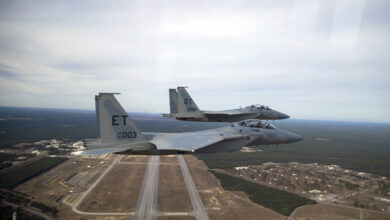 Two new F-15EX fighter jets, EX3 and EX4, arrive at Eglin Air Force Base, Florida, on Dec. 20, 2023. EX3 and EX4 are the Air Force’s newest fighter jets and have updated features such as the cockpit pressure monitor and warning system and an ultra-high frequency antenna for satellite communications. The 40th Flight Test Squadron and 85th Test and Evaluation Squadron will conduct developmental and operational tests on the aircraft. (U.S. Air Force photo by Staff Sgt. Blake Wiles)