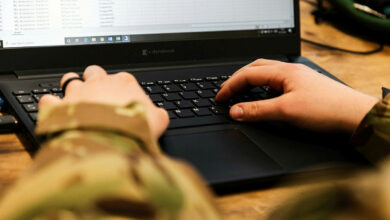 British soldier using a computer