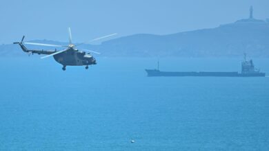 A Chinese military helicopter flies past Pingtan island, one of mainland China’s closest points to Taiwan
