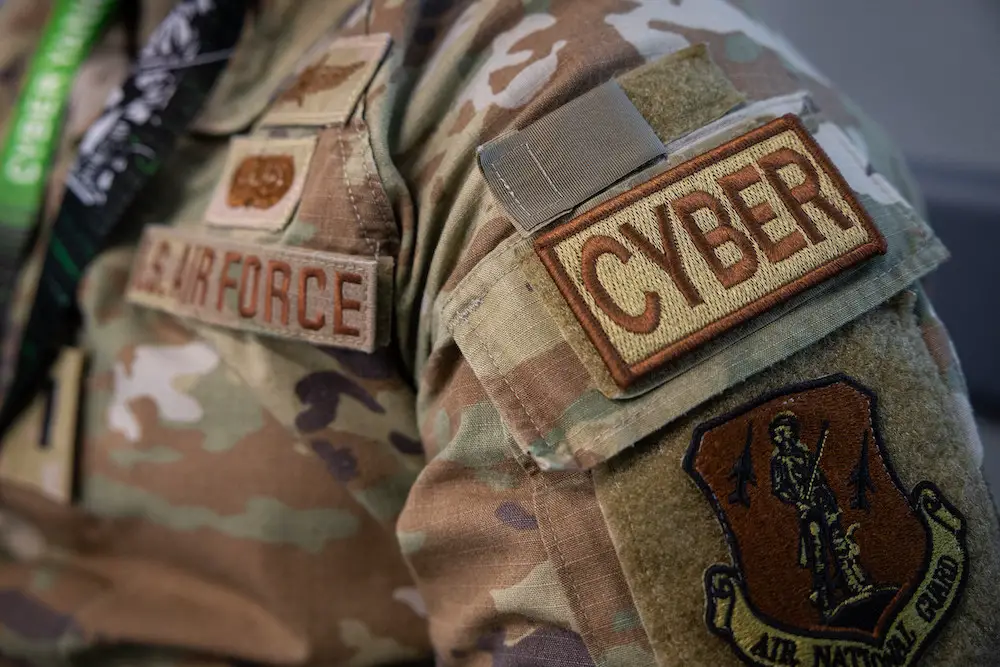 A cyber duty identifier patch is worn by an US Air Force 1st Lt. cyberspace operations officer