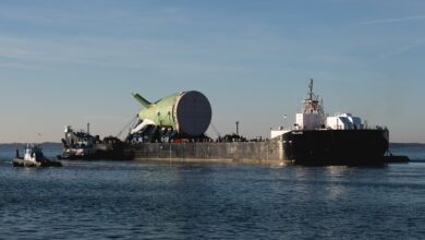 HII’s Newport News Shipbuilding division has delivered the first Columbia-class ballistic missile submarine stern to General Dynamics Electric Boat (Photo by Ashley Cowan/HII)