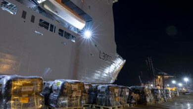 RFA Lyme Bay has delivered over 80 tonnes of humanitarian aid for Gaza into Port Said, Egypt. The aid was handed to the Egyptian Red Crescent Society for transfer to Rafah and distribution in Gaza by the United Nations Relief and Works Agency (UNRWA). The ship, operated by the Royal Fleet Auxiliary - the Royal Navy’s vital support flotilla - delivered over 300 pallets, containing over 10,000 thermal blankets and nearly 5,000 shelter packs, of UK Aid on behalf of the Foreign, Commonwealth and Development Office, as well as 11 pallets of medical aid on behalf of the Republic of Cyprus. RFA Lyme Bay is deployed to the Eastern Mediterranean, alongside RFA Argus, as part of Littoral Response Group (South).