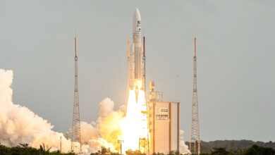 Arianespace's Ariane 5 rocket lifting off from its launchpad, at the Guiana Space Center in Kourou, French Guiana