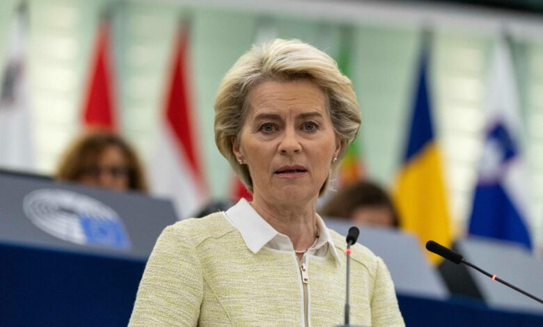 European Commission President Ursula von der Leyen speaks during a debate regarding economic sanctions against Russia, during a plenary session at the European Parliament in Strasbourg
