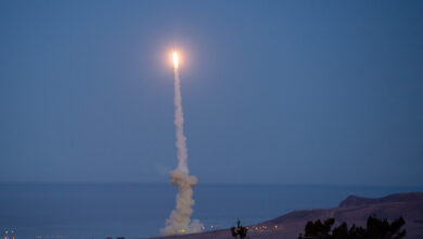 An upgraded GMD Ground-Based Interceptor launches from Vandenberg Space Force Base (U.S. Missile Defense Agency photo).