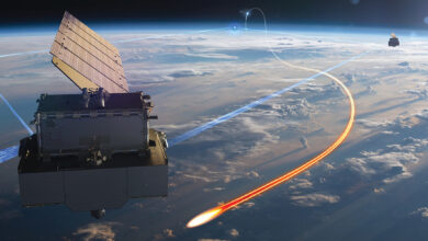 Artist's rendering of space-based infrared satellite deflecting a missile threat