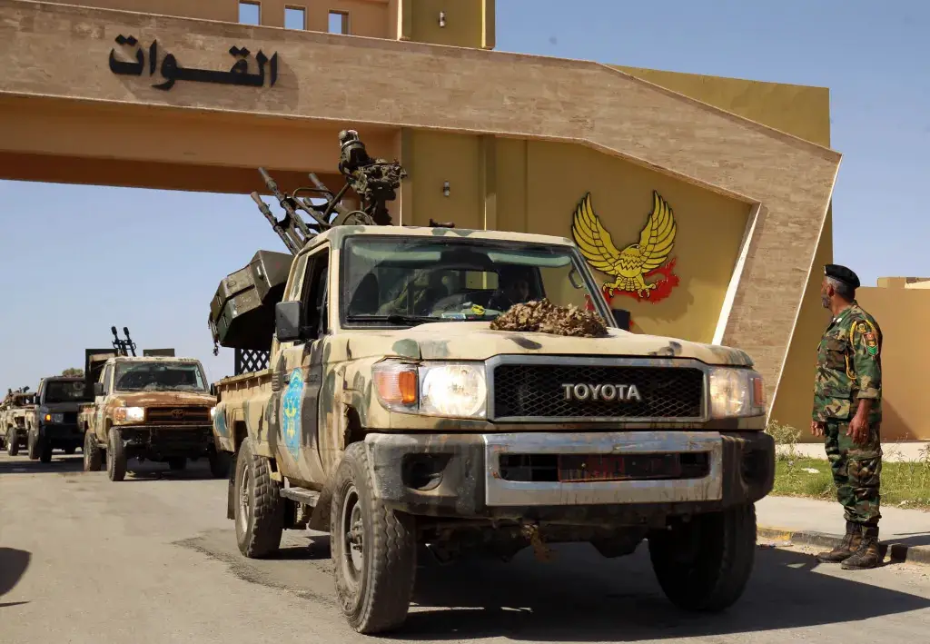 Members of the self-styled Libyan National Army gather in the eastern city of Benghazi