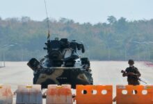 A blockaded road to Myanmar's parliament in Naypyitaw on Monday after the military detained the country's leaders.