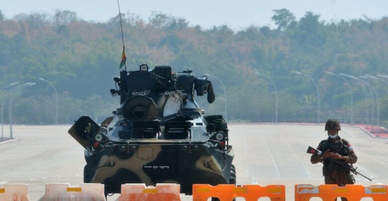 A blockaded road to Myanmar's parliament in Naypyitaw on Monday after the military detained the country's leaders.