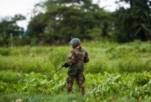 A Myanmar soldier stands guard