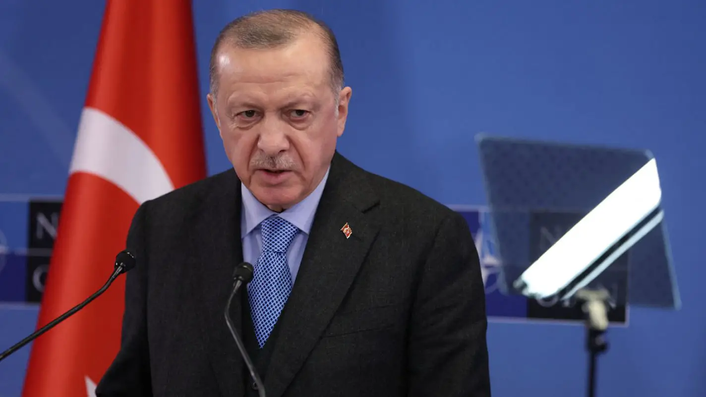 Turkey’s President Recep Tayyip Erdogan addresses media representatives during a press conference