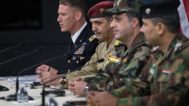Coalition spokesman Col Ryan Dillon briefs media on the liberation of Mosul