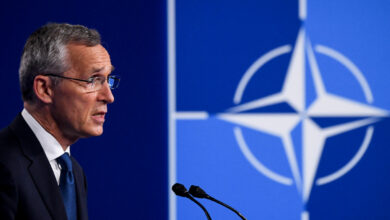 Jens Stoltenberg speaks at a press conference at the NATO summit in Brussels