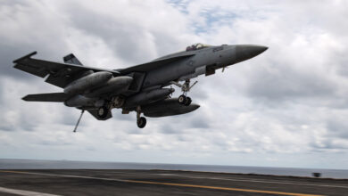 An F/A-18E Super Hornet, assigned to the “Tomcatters” of Strike Fighter Squadron (VFA) 31, approaches the flight deck of the aircraft carrier USS Theodore Roosevelt (CVN 71) April 5, 2021