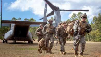 US Marines walk away from an MV-22B Osprey during Exercise Darrandarra in Australia