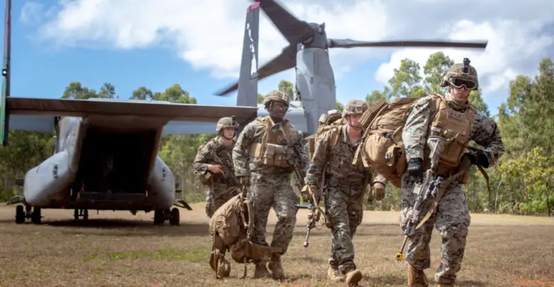 US Marines walk away from an MV-22B Osprey during Exercise Darrandarra in Australia