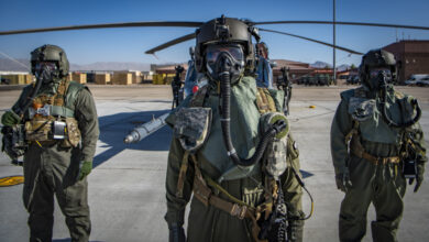 Airmen assigned to the 88th Test and Evaluation Squadron, pose for a photo in full Chemical, Biological, Radiological, and Nuclear flight gear