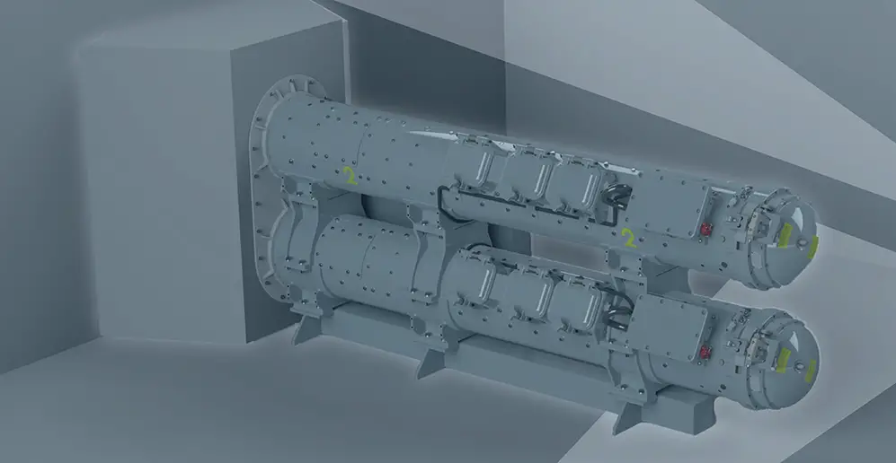 An artist's 3d rendering of a SEA Torpedo Launch System. The gray equipment appears to be two metallic containers shaped like long canisters. They appear to be covered in rivets and small mechanisms.
